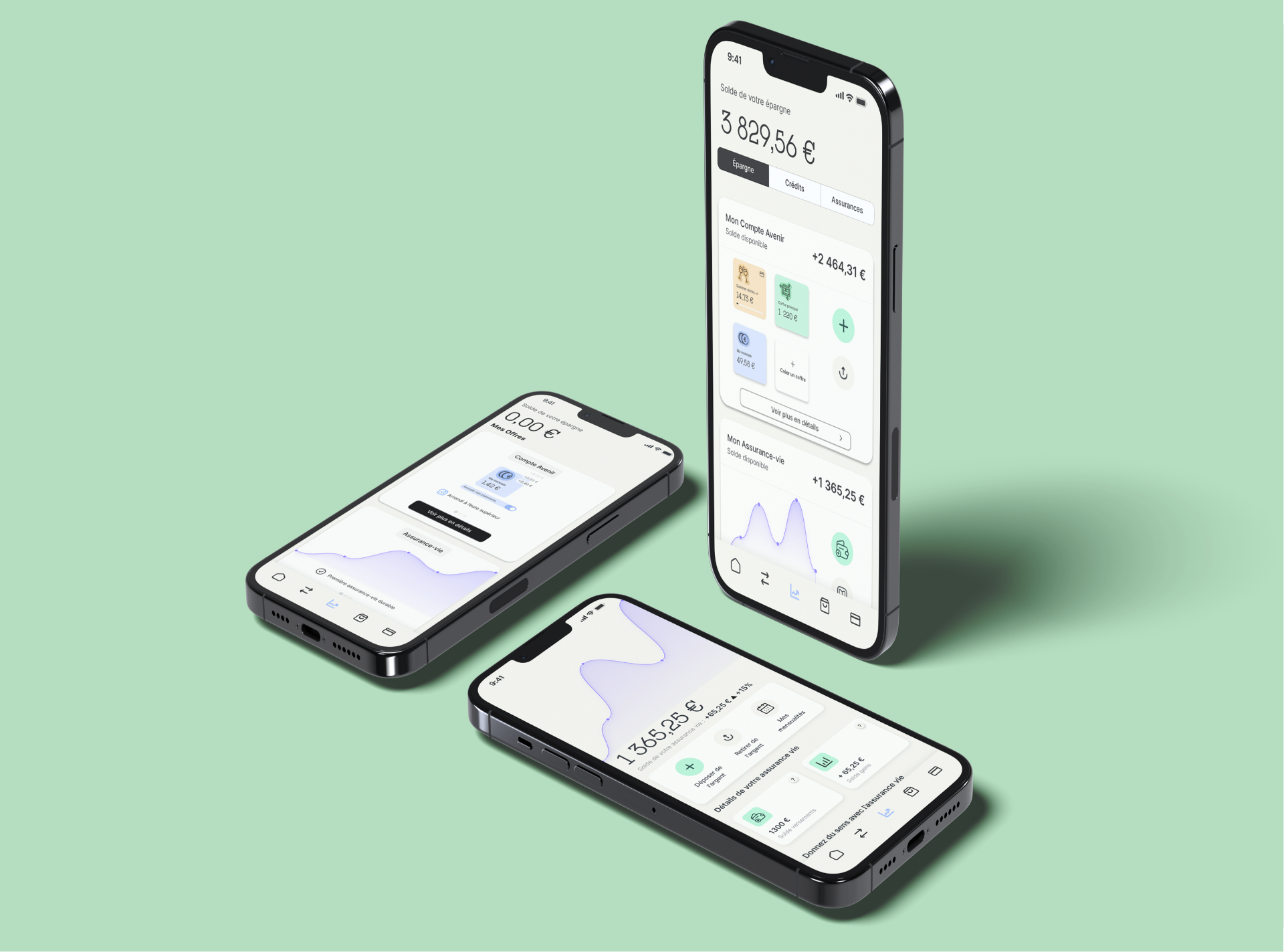 Helios Savings — mobile mockups showing savings and insurance flows