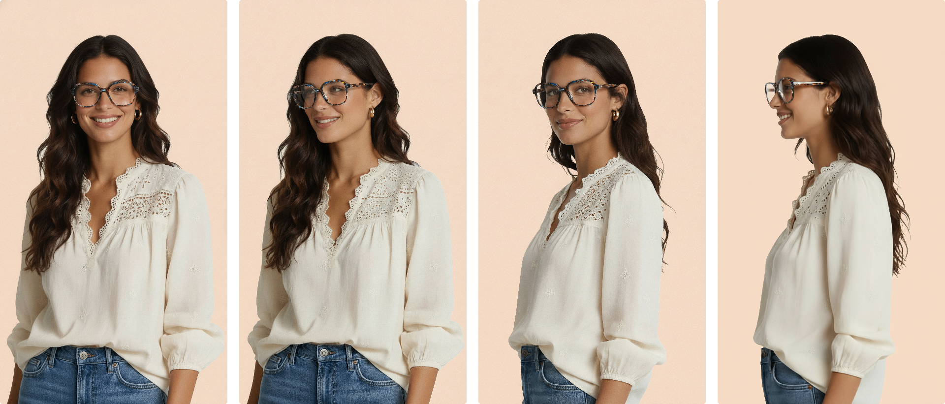 Atol — model in cream lace blouse, multi-angle consistency